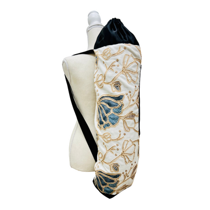 Yoga Mat Bag, Cream Linen with Silk Embroidery, Floral Print, Backpack Style Drawstring Opening Top or Full  Side Zipper Option Handcrafted My Yoga Room Elements