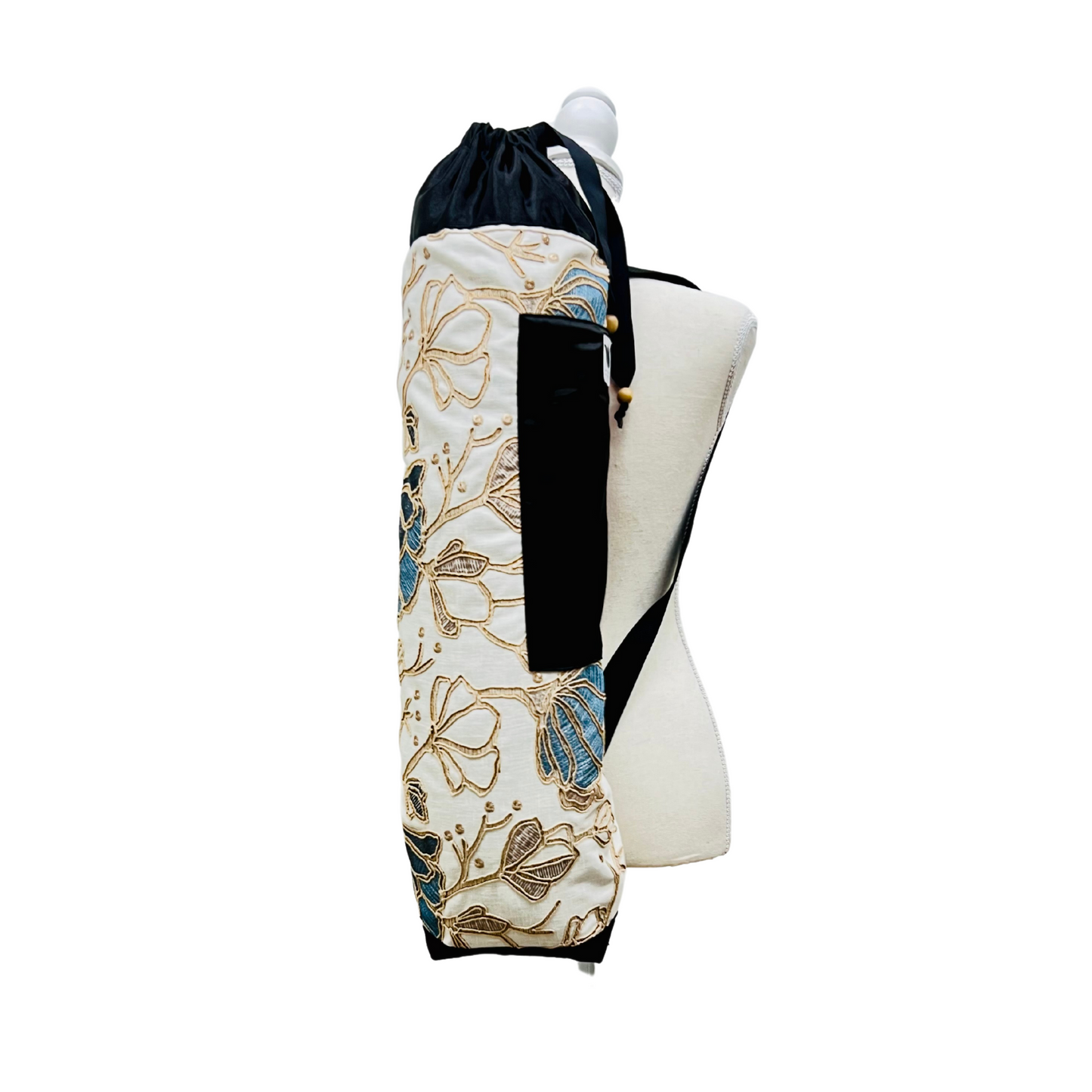 Yoga Mat Bag, Cream Linen with Silk Embroidery, Floral Print, Backpack Style Drawstring Opening Top or Full  Side Zipper Option Handcrafted My Yoga Room Elements