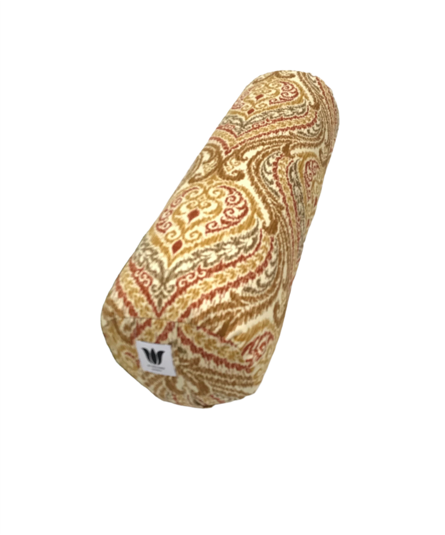 Round yoga bolster Ikat print in red golds and cream, handcrafted in canada by yoga room elements