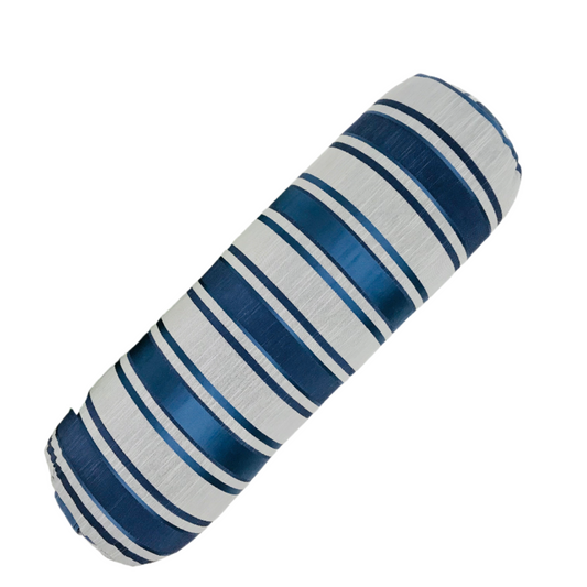 Round yoga bolster, made in canada, blue and grey stripe, fully removeable covery