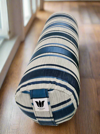 round yoga bolster in two tone blue stripe made in canada by my yoga room elements