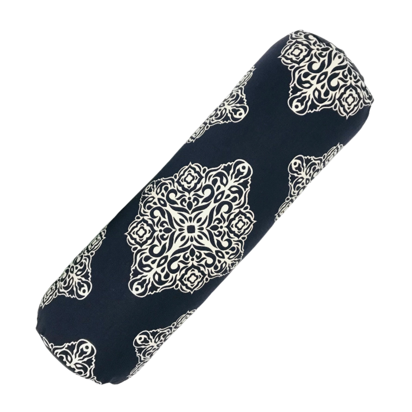 Round Yoga Bolster, made in calgary alberta canada navy blue background with white modern print