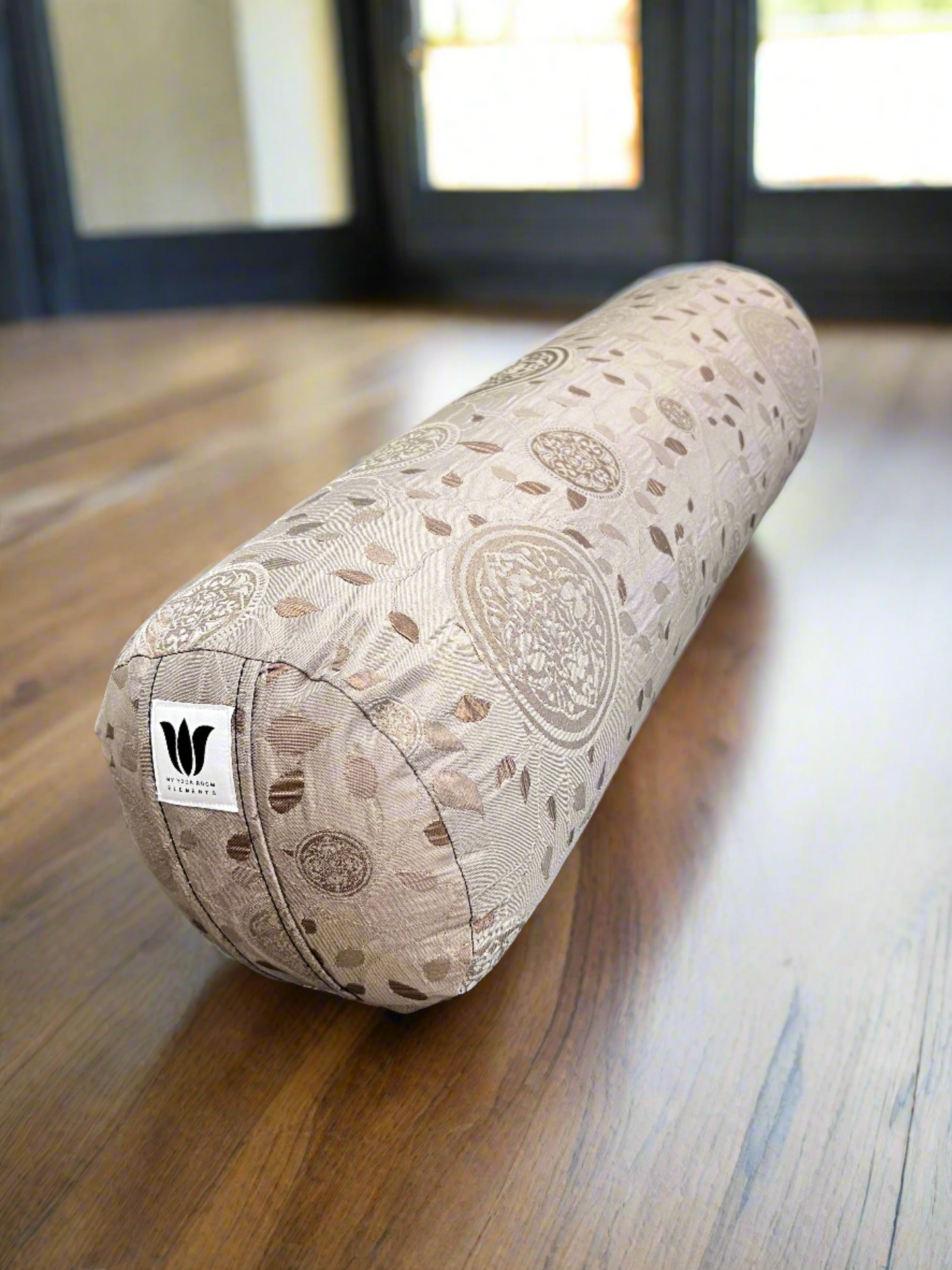 round yoga bolster, asian print in bronze color handcrafted in calgary alberta canada