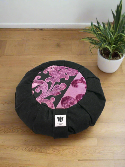 Meditation Cushion | Purple Plush Scroll & Black Denim