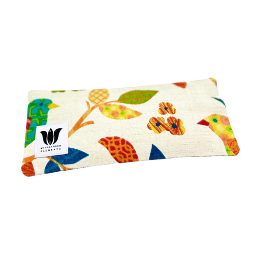 Linen eye pillow with bird and floral print in bright colors made in calgary allberta canada