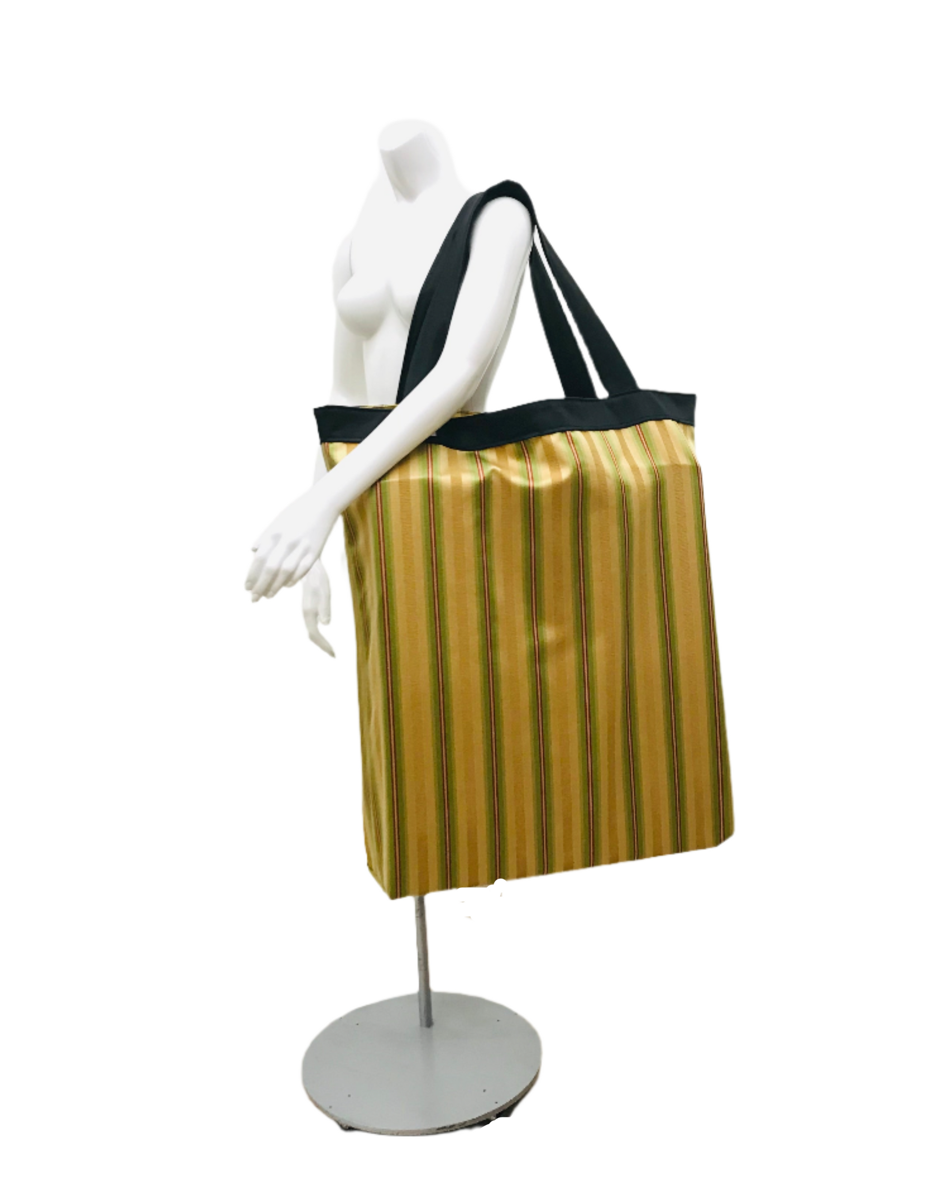 Gold stripe extra large shoulder tote. Carry yoga mat and all yoga props . Made in Canada