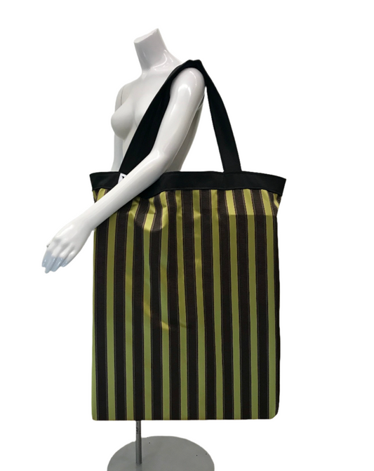 Extra large yoga tote bag. Made In Canada. Rich green and royal purple stripe fabric