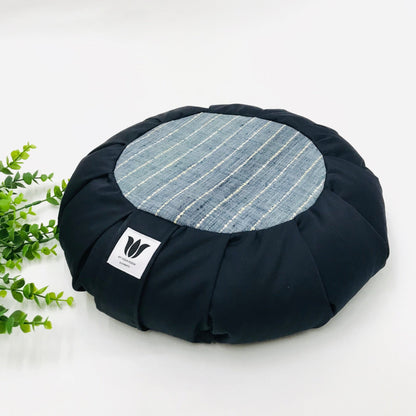 Round yoga meditation seat cushion, dark blue with light blue interior artisan handcrafted in canada