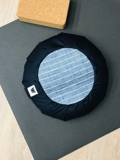 Round yoga meditation seat cushion, dark blue with light blue interior artisan handcrafted in canada