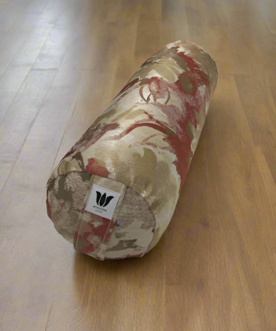 round yoga bolster in warm watercolor print of gold, brown and red handcrafted in canada by my yoga room elements