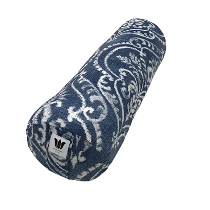 round yoga bolster in wedgwood blue and white cotton damask handcrafted in canada by my yoga room elements