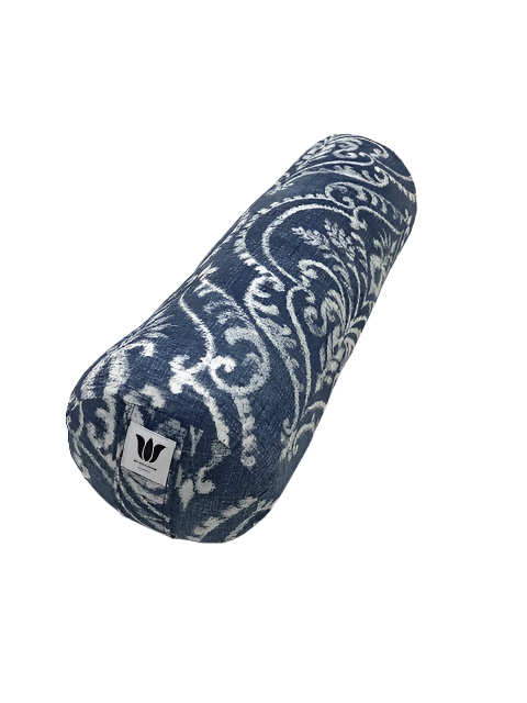 round yoga bolster in wedgwood blue and white cotton damask handcrafted in canada by my yoga room elements