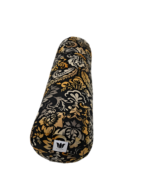round yoga bolster in tiger colour damask print on black handcrafted in canada by my yoga room elements