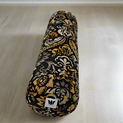 Round Yoga bolster, made in calgary alberta canada allergy sensitive insert, black background with nature print in gold and oranges