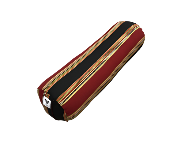 round yoga bolster in organic cotton stripe fabric in red gold black and cream made in canada by my yoga room elements