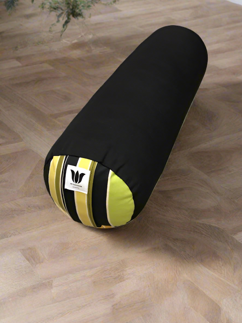 round yoga bolster in black with green stripe accent made in canada by my yoga room elements