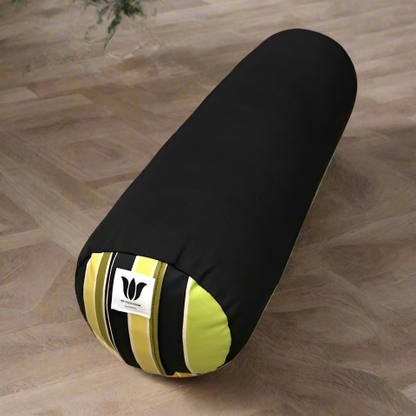 round yoga bolster in black with green stripe accent made in canada by my yoga room elements