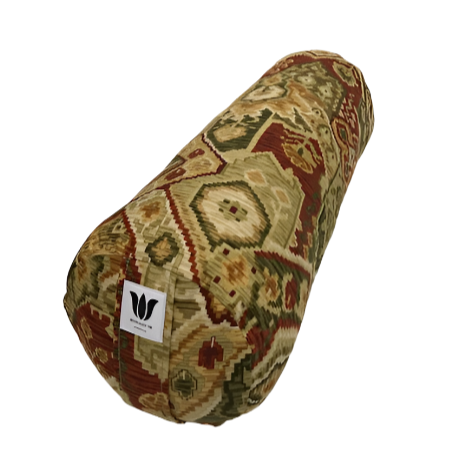 round yoga bolster in vintage ikat red gold and green made in calgary alberta canada