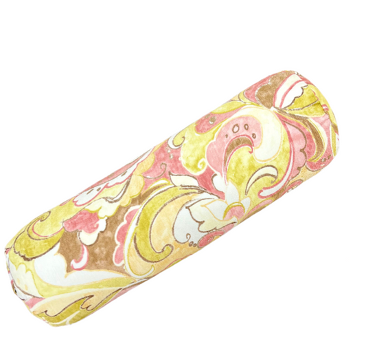 Round yoga bolster in watercolor floral of soft pink, green and cream, handcrafted in canada by yoga room elements