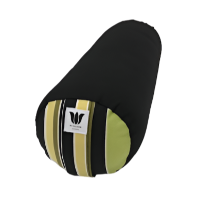 Round Yoga Bolster, Made in Canada, Black Base with Green Black Yellow stripe endcap. Full Zipper cover removal