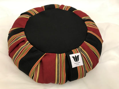 Handcrafted premium cotton canvas meditation seat cushion in red, black , gold varying width stripe. Align the spine and body in comfort to calm the monkey mind in your meditation practice. Handcrafted in Calgary, Alberta Canada