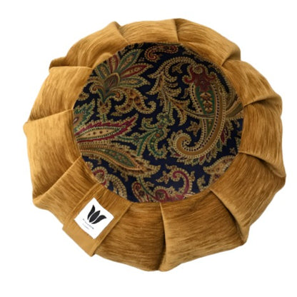 Handcrafted premium plush fabric meditation seat cushion in warm gold and rich blue paisley print fabric. Align the spine and body in comfort to calm the monkey mind in your meditation practice. Handcrafted in Calgary, Alberta Canada