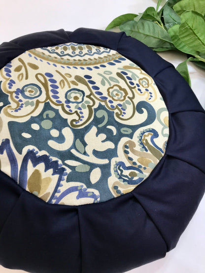 Handcrafted premium cotton canvas fabric meditation seat cushion in shades navy blue and blue, green, yellow modern graphic printfabric. Align the spine and body in comfort to calm the monkey mind in your meditation practice. Handcrafted in Calgary, Alberta Canada