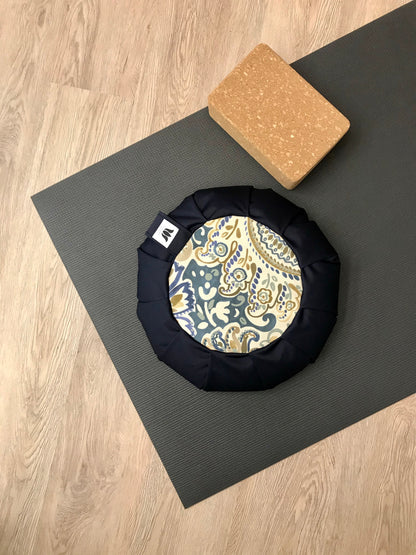 Handcrafted premium cotton canvas fabric meditation seat cushion in shades navy blue and blue, green, yellow modern graphic printfabric. Align the spine and body in comfort to calm the monkey mind in your meditation practice. Handcrafted in Calgary, Alberta Canada