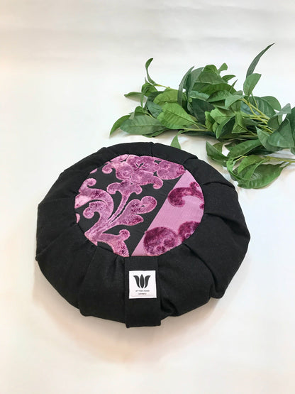 Handcrafted premium black denim and purple plush fabric meditation seat cushion. Align the spine and body in comfort to calm the monkey mind in your meditation practice. Handcrafted in Calgary, Alberta Canada