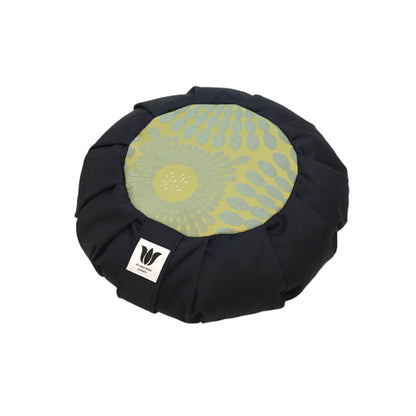 Handcrafted premium cotton canvas meditation seat cushion in solid navy blue and green, grey-blue and silver shot mandala center. Align the spine and body in comfort to calm the monkey mind in your meditation practice. Handcrafted in Calgary, Alberta Canada