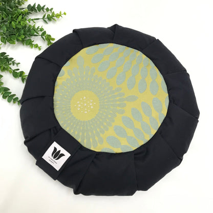 Handcrafted premium cotton canvas meditation seat cushion in solid navy blue and green, grey-blue and silver shot mandala center. Align the spine and body in comfort to calm the monkey mind in your meditation practice. Handcrafted in Calgary, Alberta Canada