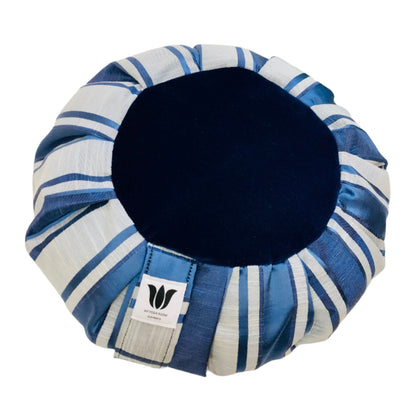 Handcrafted premium satin and linen textured meditation seat cushion in navy blue and and light grey strip with plush dark blue center in solid print. Align the spine and body in comfort to calm the monkey mind in your meditation practice. Handcrafted in Calgary, Alberta Canada