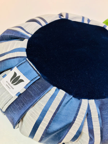 Handcrafted premium satin and linen textured meditation seat cushion in navy blue and and light grey strip with plush dark blue center in solid print. Align the spine and body in comfort to calm the monkey mind in your meditation practice. Handcrafted in Calgary, Alberta Canada