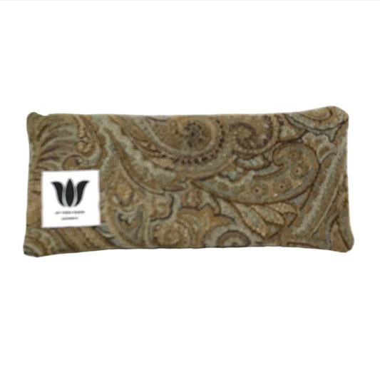 Yoga eye pillow, unscented, therapeutically weighted to soothe eye strain and stress or enhance your savasana. Handcrafted in Canada by My Yoga Room Elements. Brown plush paisley print and bamboo fabric.