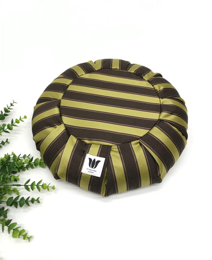 Handcrafted premium sateen home decor fabric meditation seat cushion in purple and gold-green stripe fabric. Align the spine and body in comfort to calm the monkey mind in your meditation practice. Handcrafted in Calgary, Alberta Canada