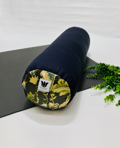 Round Yoga Bolster, navy blue and green, handcrafted in canada by my yoga room elements