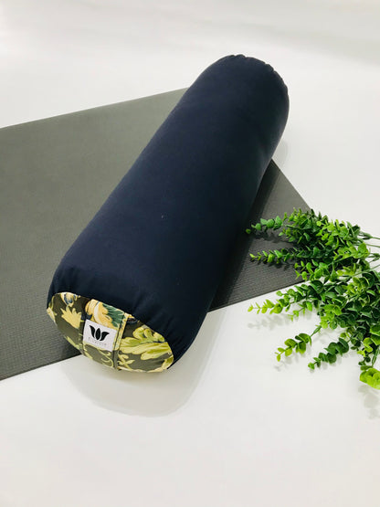 Round Yoga Bolster, navy blue and green, handcrafted in canada by my yoga room elements