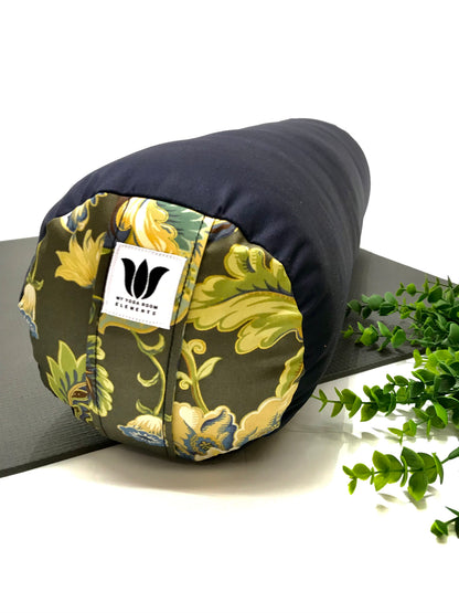 Round Yoga Bolster, navy blue and green, handcrafted in canada by my yoga room elements