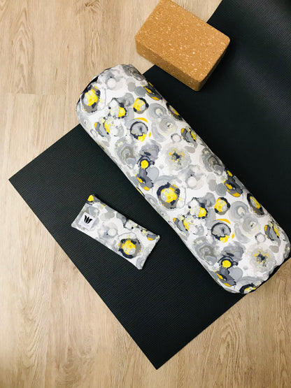 Yoga Bolster Set, round yoga bolster with matching eye pillow. Watercolour print in blue, white, grey and yellow, Handcrafted in Calgary, Alberta, Canada by My Yoga Room Elements.