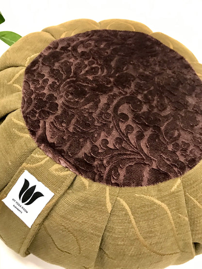 Handcrafted premium embossed plush fabric meditation seat cushion in rich caramel and royal purple fabric. Align the spine and body in comfort to calm the monkey mind in your meditation practice. Handcrafted in Calgary, Alberta Canada