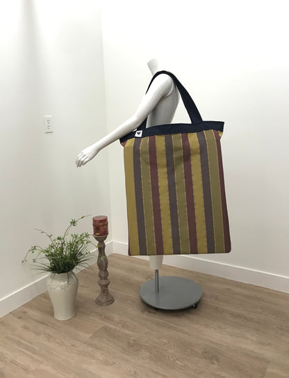 Extra Large Yoga Tote Bag in cotton canvas striped fabric to carry and or store yoga props for yoga practice. Made in Canada by My Yoga Room Elements