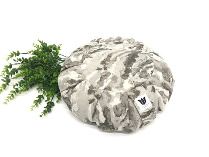 Handcrafted premium cotton home decor fabric meditation seat cushion in grey marble print fabric. Align the spine and body in comfort to calm the monkey mind in your meditation practice. Handcrafted in Calgary, Alberta Canada