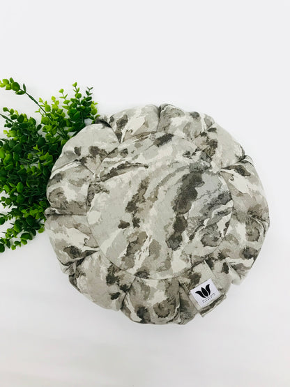 Handcrafted premium cotton home decor fabric meditation seat cushion in grey marble print fabric. Align the spine and body in comfort to calm the monkey mind in your meditation practice. Handcrafted in Calgary, Alberta Canada