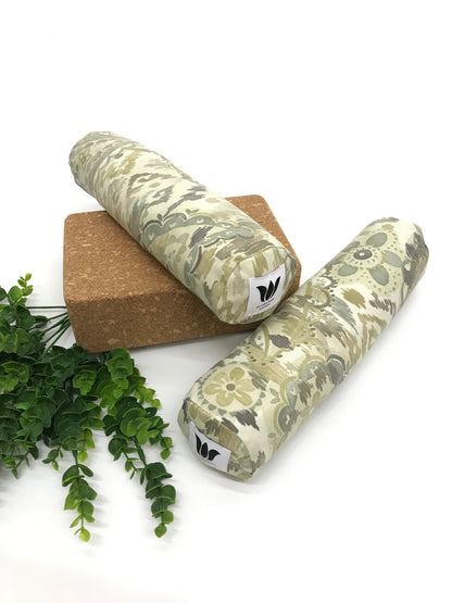 Mini yoga bolster in durable fabric, sage green paisley fabric. Cushion and support the body in the practice of yoga and meditation.Removeable cover. Made in Canada by My Yoga Room Elements