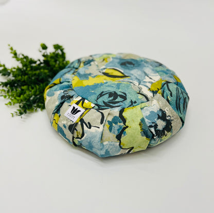 Handcrafted premium cotton canvas fabric meditation seat cushion in rich sea glass colour print fabric. Align the spine and body in comfort to calm the monkey mind in your meditation practice. Handcrafted in Calgary, Alberta Canada