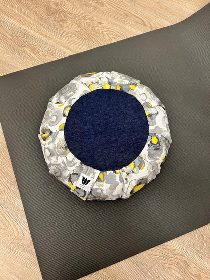 Handcrafted premium cotton canvas fabric meditation seat cushion in grey blue yellow water colour print fabric. Align the spine and body in comfort to calm the monkey mind in your meditation practice. Handcrafted in Calgary, Alberta Canada