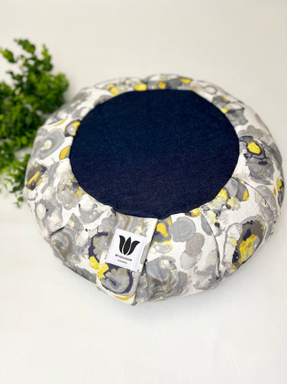 Handcrafted premium cotton canvas fabric meditation seat cushion in grey blue yellow water colour print fabric. Align the spine and body in comfort to calm the monkey mind in your meditation practice. Handcrafted in Calgary, Alberta Canada