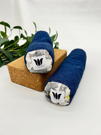 Mini yoga bolster in durable fabric, dark blue fabric. Cushion and support the body in the practice of yoga and meditation.Removeable cover. Made in Canada by My Yoga Room Elements