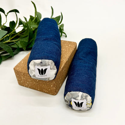 Mini yoga bolster in durable fabric, dark blue fabric. Cushion and support the body in the practice of yoga and meditation.Removeable cover. Made in Canada by My Yoga Room Elements