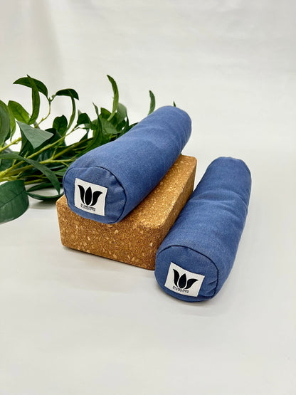 Mini yoga bolster in durable fabric, solid medium blue fabric. Cushion and support the body in the practice of yoga and meditation.Removeable cover. Made in Canada by My Yoga Room Elements